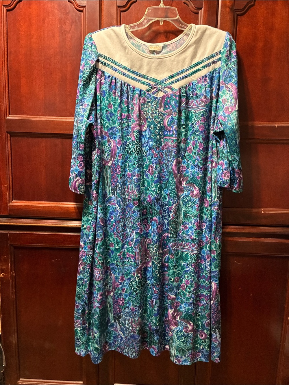 Women’s vintage Floral Mixed-Print 3/4 Sleeve Dress — Green/Purple